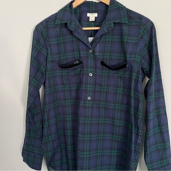 NWT J. Crew Plaid Popover Blouse with Beaded Pockets, Green/Blue/Black, Size XS - Picture 4 of 9